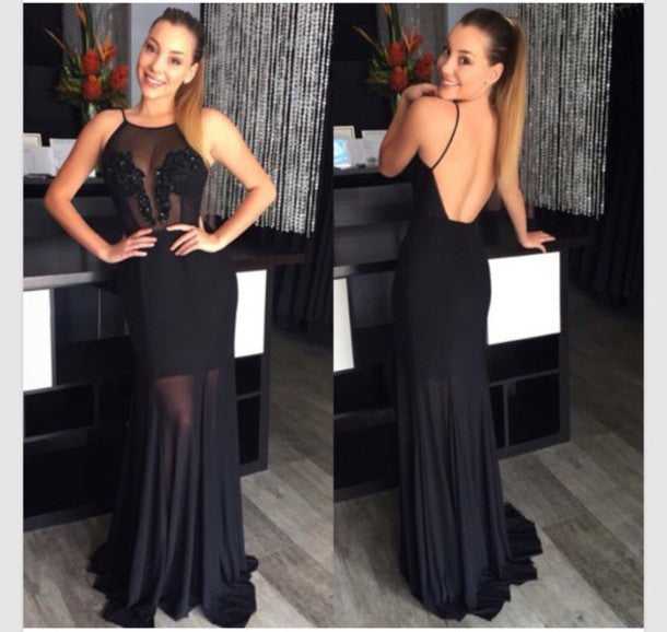 LTP1633,Cute Black Open Back Sexy Prom Dresses,See Through V-Neck Long Evening Dress