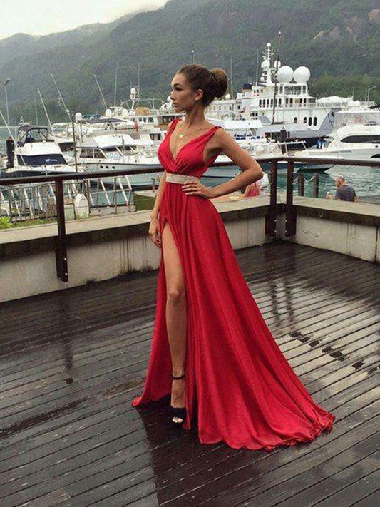 LTP0938,Charming Red V Neck High Slit Prom Dress,Sexy Beaded Waist Evening Dresses