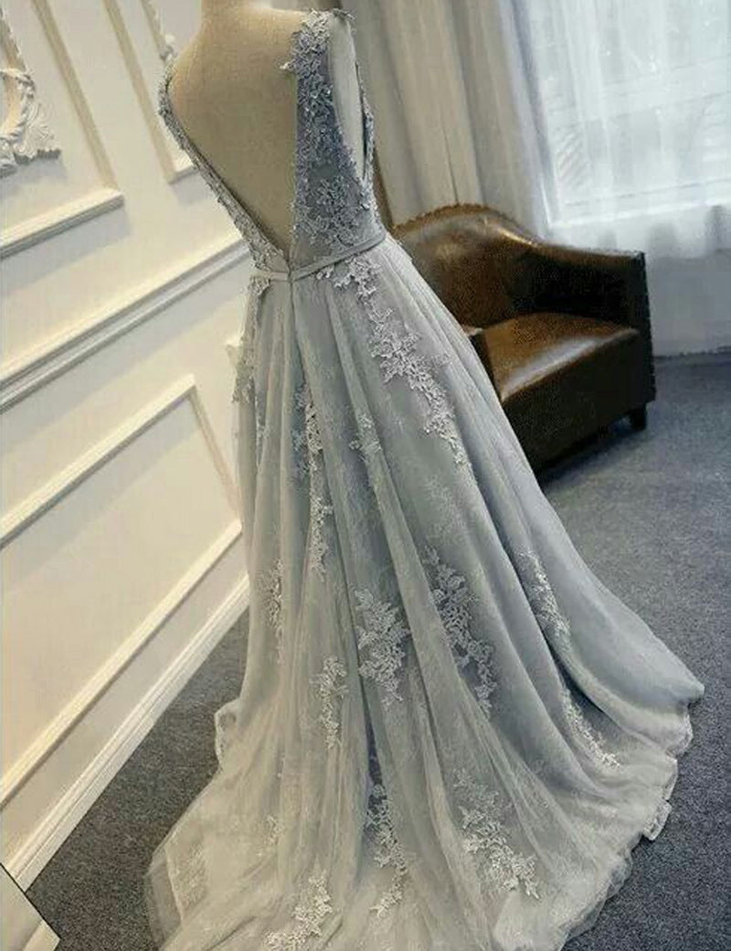 LTP1098,Grey lace v-back tulle prom dresses,long evening dress formal gown