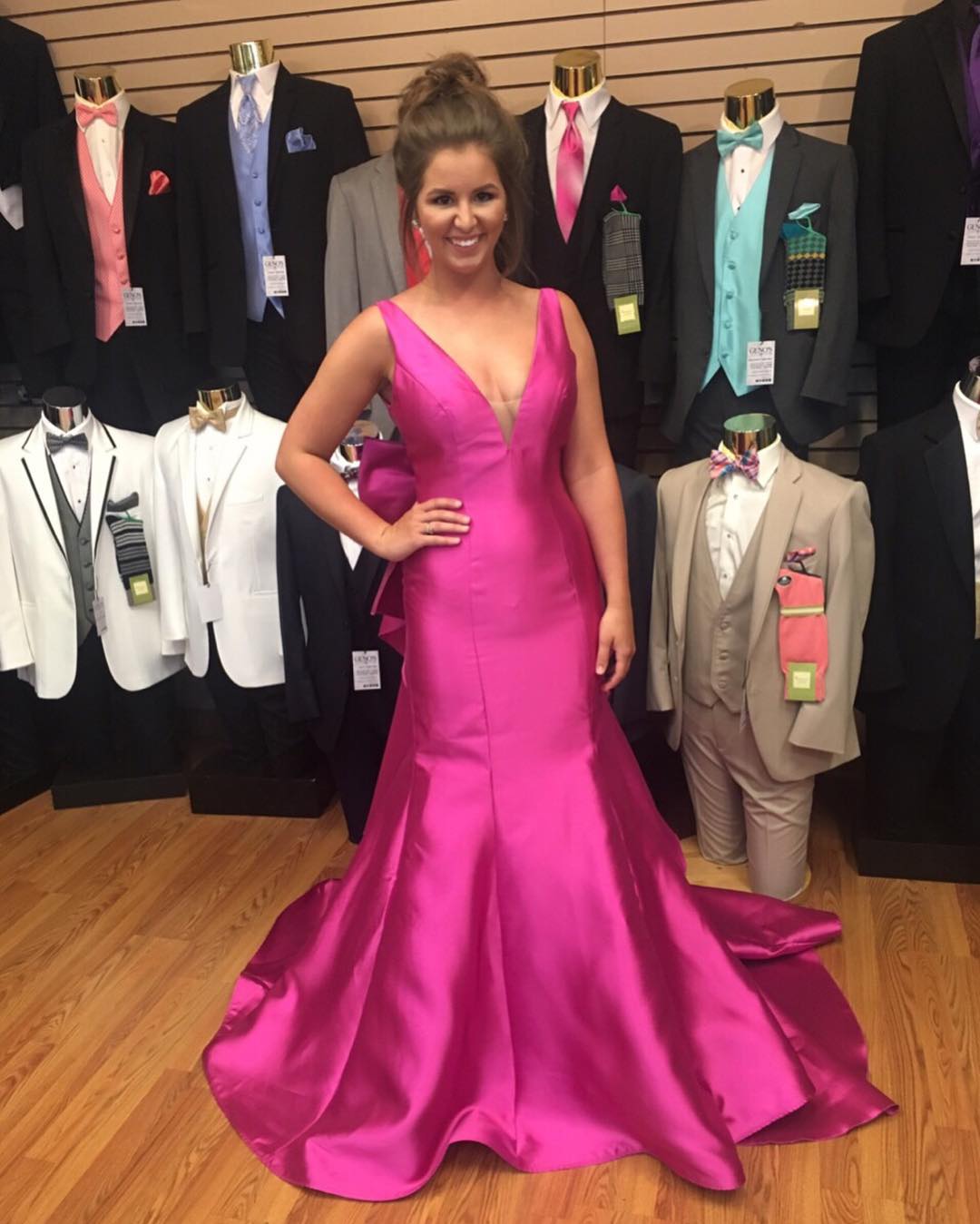 LTP0771,Hot pink bowknot satin mermaid prom dresses open back long evening dress