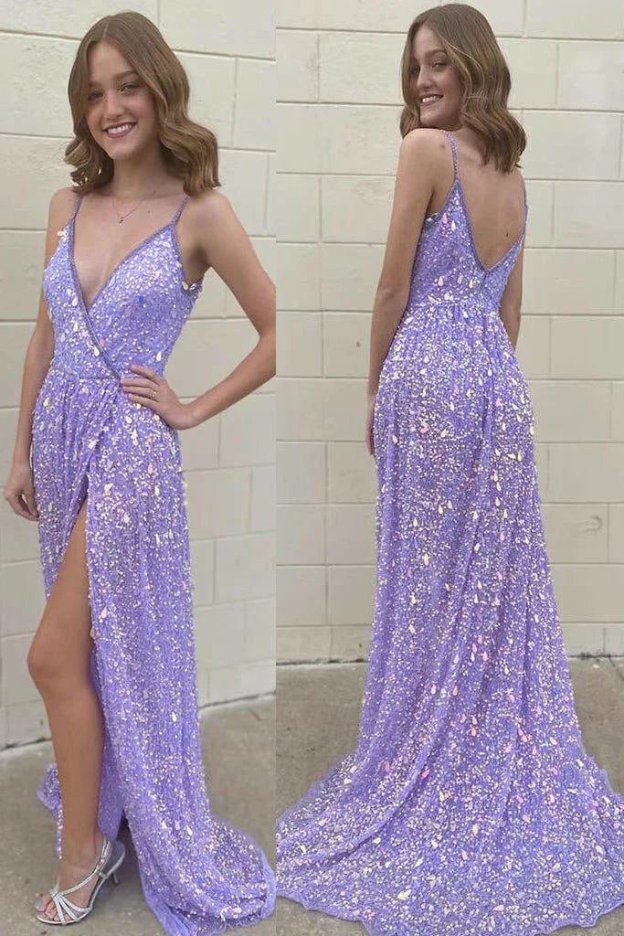 LTP1651,Sparkle Lilac Sequin Long Prom Dresses With Slit,V-Neck Evening Formal Gown