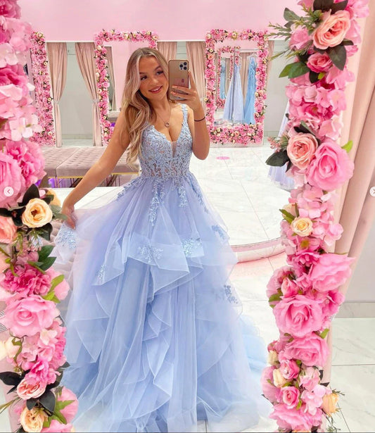 LTP1053,Blue tulle lace long prom dress A line formal dress