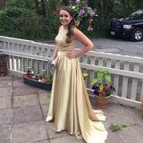 LTP0174,Luxury Gold Halter Beading A-Line Satin Long Prom Dresses Evening Dress Beaded Sleeveless Formal Gown