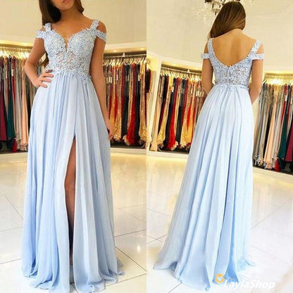 LTP0106,Light blue applique off the shoulder chiffon long prom dress,evening dresses long with split