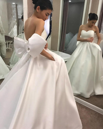 LTP0810,Noble White Simple Designed Satin Wedding Dresses Big Bow Sash A Line Backless Sweetheart Western Bridal Gowns