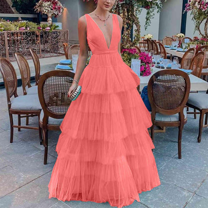 LTP0663,Summer V-Neck Sleeveless Solid Color Fashion Ruffle Prom Dress