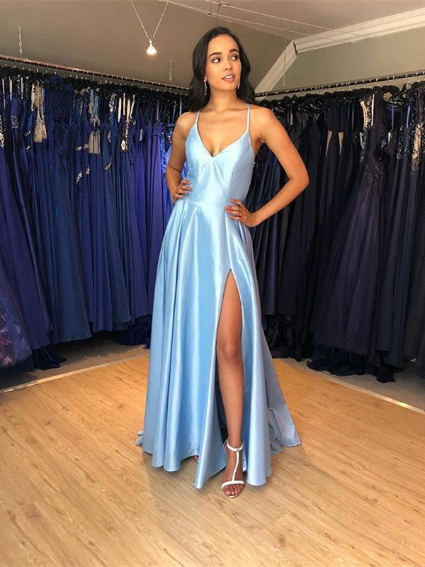 LTP0309,Light blue spaghetti straps long prom dresses evening dress long formal gown