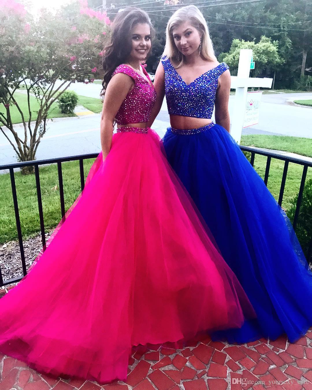 LTP0576,Two pieces tulle prom dresses beaded a-line evening dress