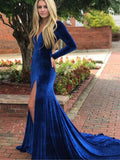 LTP0278,Royal blue velvet long prom dress long sleeves v neck evening dresses with open back