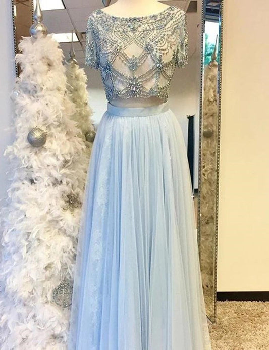 LTP0648,Light Blue Two Pieces Elegant Prom Dresses,Prom Dresses For Teens,Charming A-line Tulle Evening Dresses,Beading Party Dresses