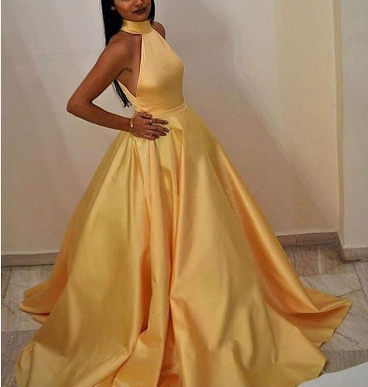 LTP0264,Yellow A-Line Prom Dresses Satin Halter Sleeveless Evening Party Dress