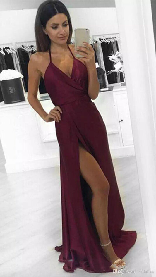 LTP0323,Burgundy satin prom dresses halter sheath long evening dress with split