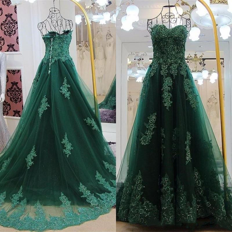 LTP0645,Sweetheart Long Lace Prom Dresses,Green Sweep Train Prom Gowns,Formal Evening Dresses,Lace Up Party Dresses