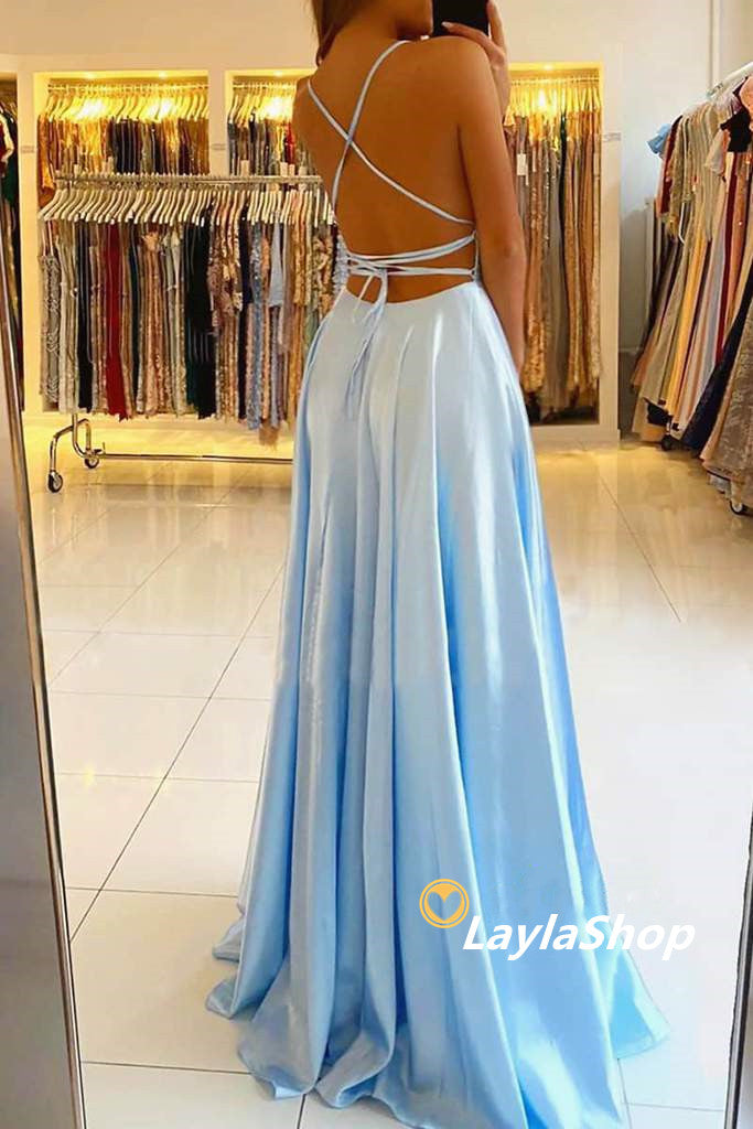 LTP0043,Blue Prom Dresses,Halter Long Evening Dress with Side Slit