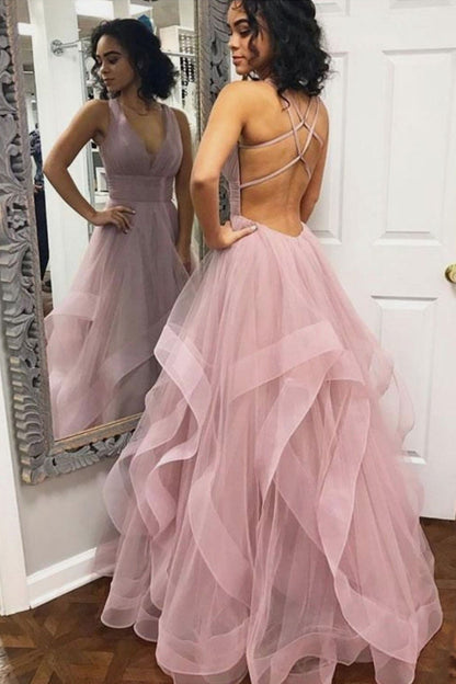 LTP0144,Pink v neck tulle prom dress layers a line evening party gown