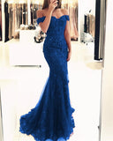 LTP0061,Blue Mermaid Long Prom Dresses,Applique Beaded Lace Evening Dress