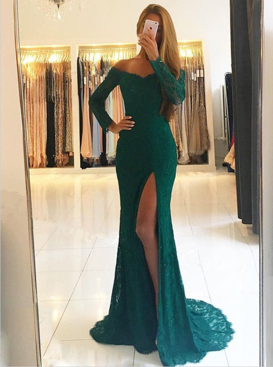 LTP0249,Mermaid Off-the-Shoulder Long Sleeves Dark Green Lace Prom Dress with Split