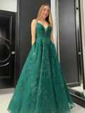 LTP1187,A Line V Neck Green Lace Tulle Prom Dresses,Green Lace Formal Graduation Dresses