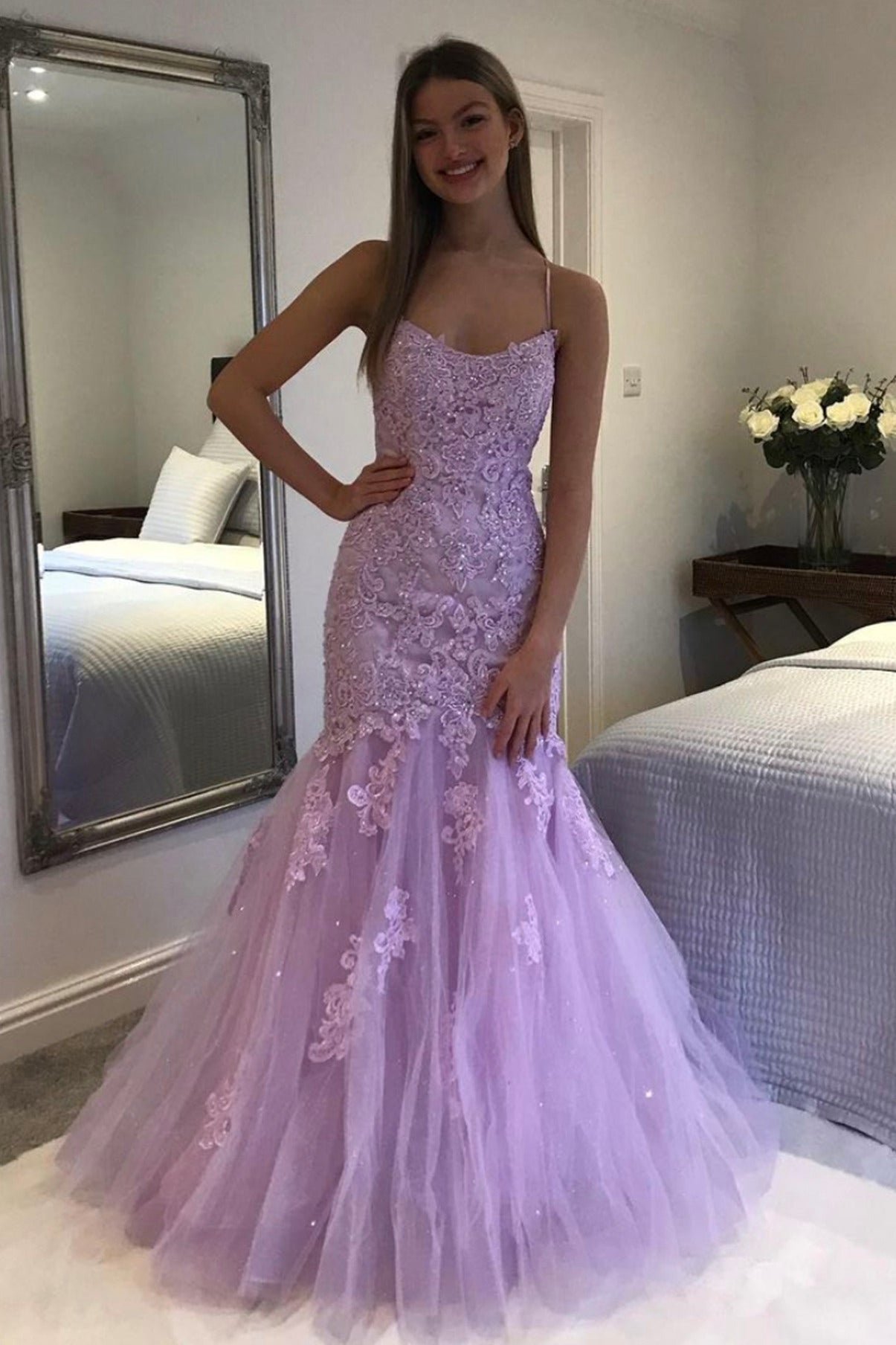 LTP0832,Gorgeous Mermaid Spaghetti Straps Lilac Long Prom Dresses with Appliques