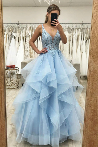 LTP1053,Blue tulle lace long prom dress A line formal dress