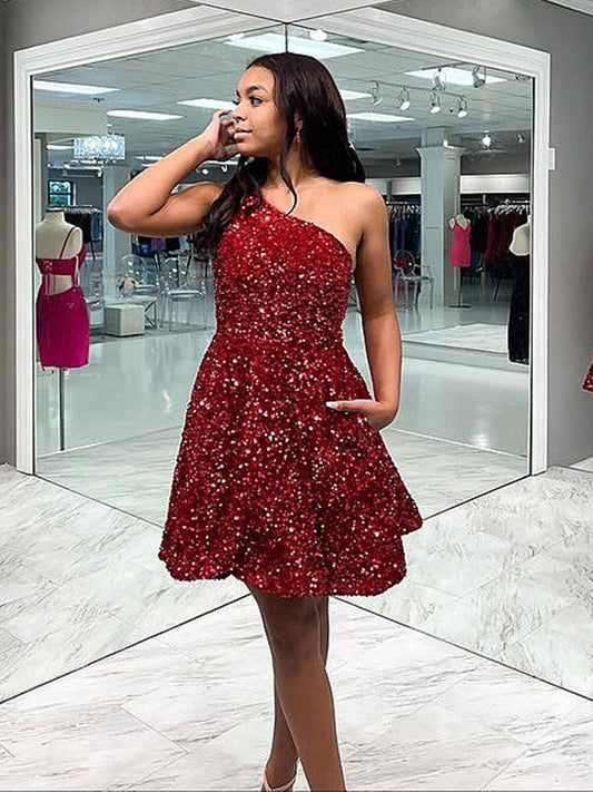 LTP1477,One Shoulder Homecoming Dresses,Burgundy A-Line Hoco Dress
