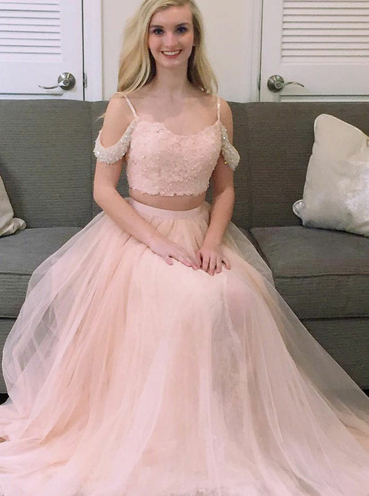 LTP0788,Two Piece Prom Dresses Spaghetti Straps A Line Long Sparkly Prom Dress
