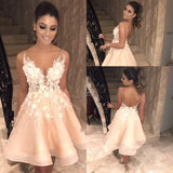 LTP0029,Discount A-Line V Neck Backless Short Prom Dress With Appliques,Open Back Homecoming Dress
