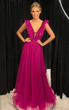 LTP1222,Elegant Hot Pink Feather Prom Dresses,Deep V-Neck Tulle Evening Gown