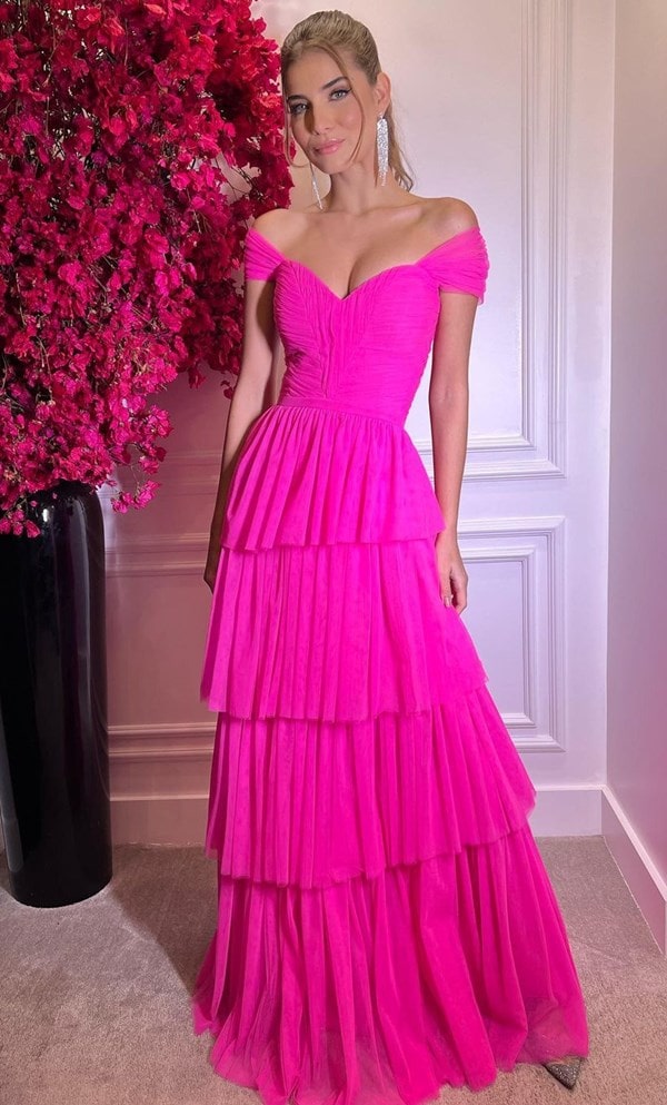 LTP1722,Hot Pink Off The Shoulder Ruffles Prom Dresses, Long Evening Formal Gown