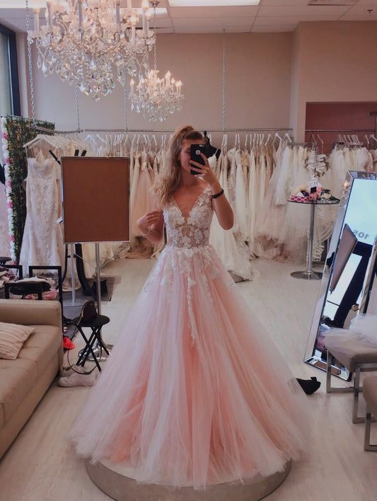 LTP0227,Charming Ball Gown Pink Tulle Lace Appliques V neck Prom Dresses Party Dresses