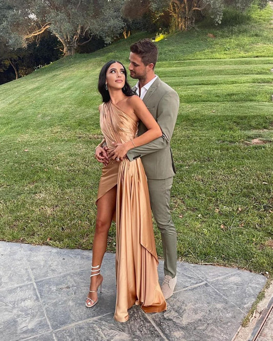 LTP1658,Gold Satin Long Prom Evening Dresses,Irregular Hem Party Dresses