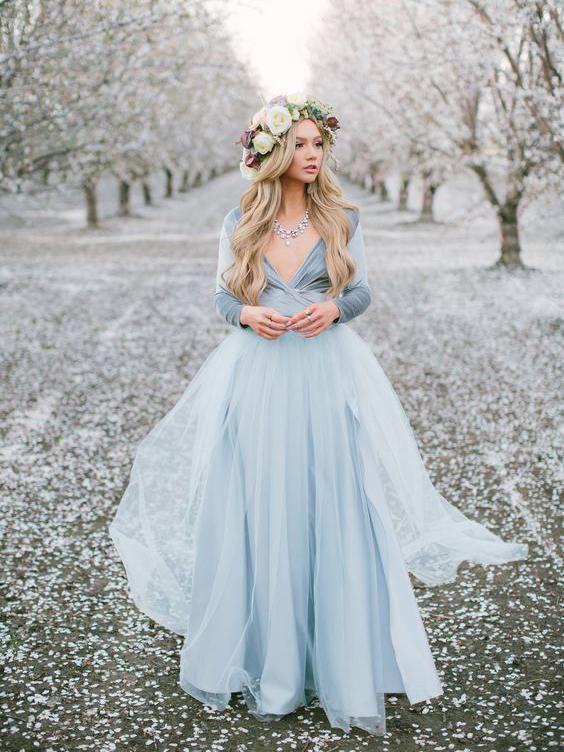 LTP0457,Light Blue Long Sleeves Prom Dresses Tulle Velvet Top Long Evening Gown