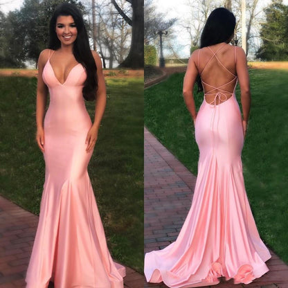 LTP0224,Beautiful Mermaid Pink V-Neck Sleeveless Sweep Train Criss-Cross Back Prom Evening Dress