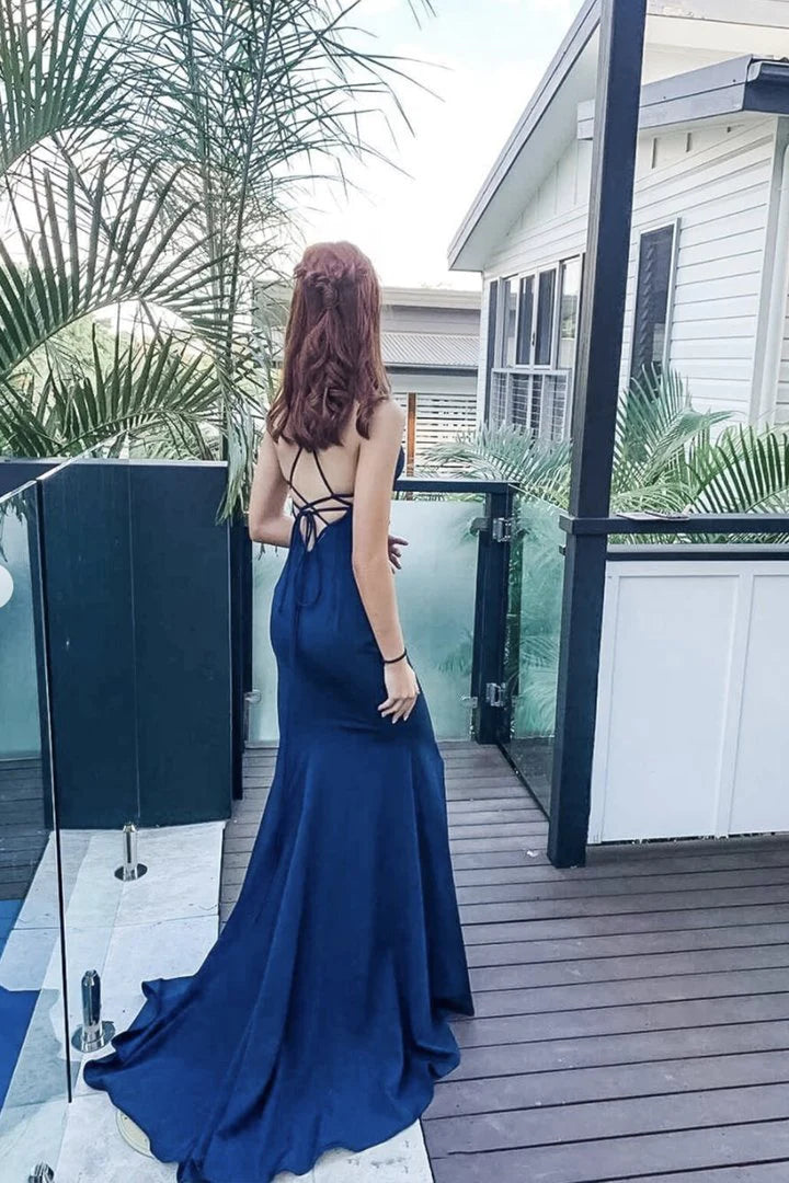 LTP1568,Mermaid blue satin long prom evening dress,cross back sexy prom dresses